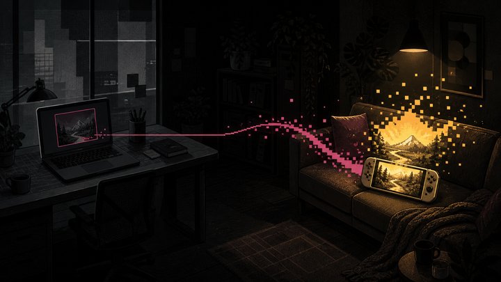 Um vetor rosa leva o mesmo mundo de jogo de um notebook em um escritório escuro para um videogame portátil iluminado sobre o sofá.