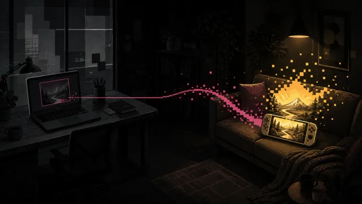 Um vetor rosa leva o mesmo mundo de jogo de um notebook em um escritório escuro para um videogame portátil iluminado sobre o sofá.